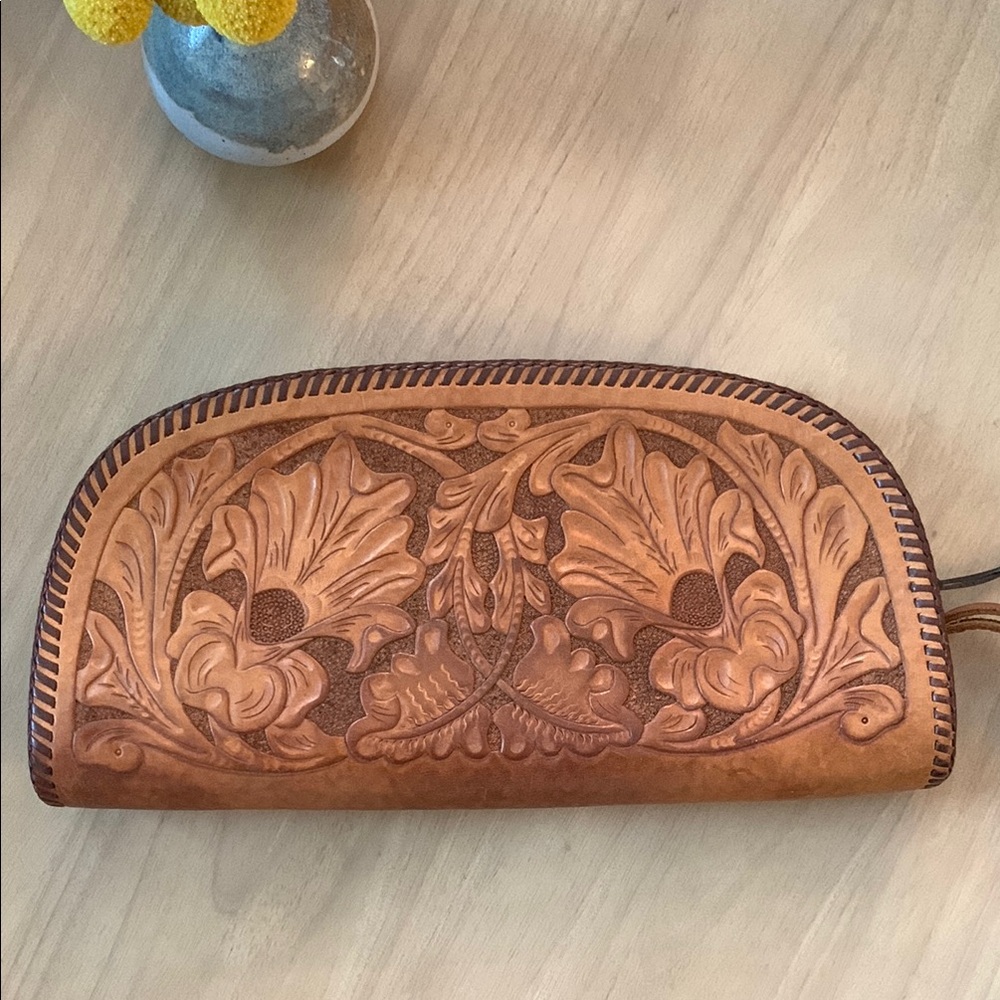 Vintage Floral Stamped Leather Clutch ✨